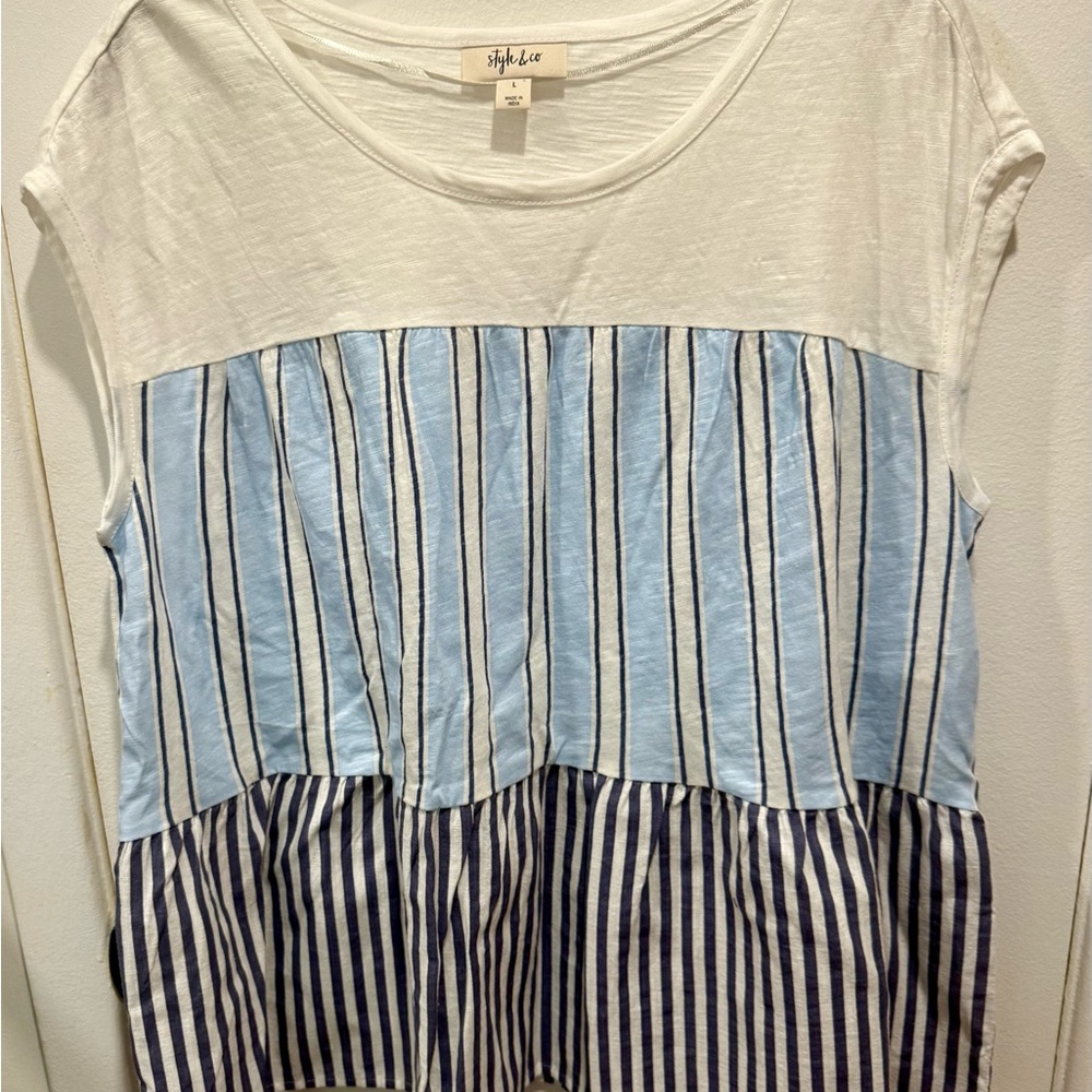 Style & Co. Striped Blue and White Peplum Top Size Large